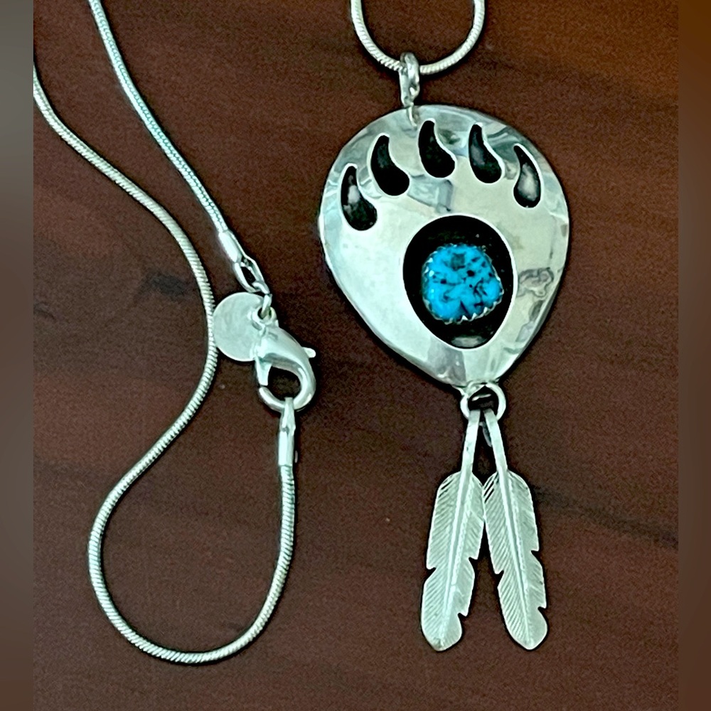 925 Sterling silver and turquoise native bear paw and feather pendant necklace